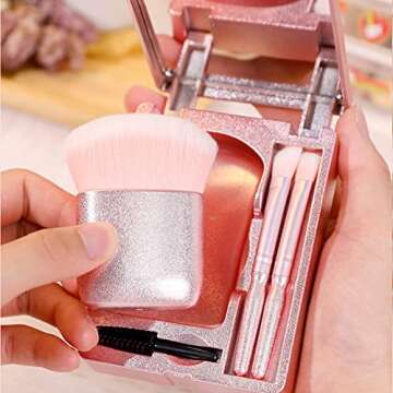 Bling Toman Easy-taken Travel Makeup Brushes With Mirror Set, 4 in 1 Mini Makeup Brushes Cosmetic Brushes Kit Foundation Brush Makeup Tool Convenient For Go Out Daily Makeup (glitter pink)