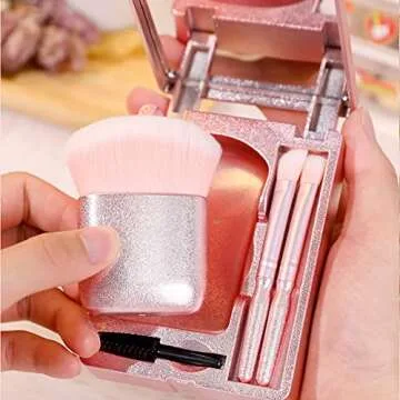 Travel Makeup Brush Set 4-in-1 with Mirror in Pink