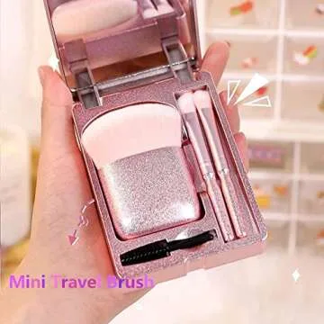 Travel Makeup Brush Set 4-in-1 with Mirror in Pink