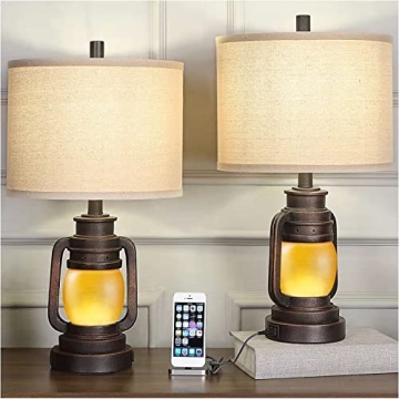 AIDENOEY Lantern Table Lamp Set of 2 with Nightlight USB AC Power Outlet Dark Bronze Linen Fabric Ha...