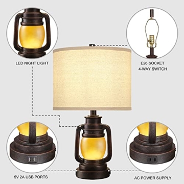 AIDENOEY Lantern Table Lamp Set with Nightlight & USB Ports