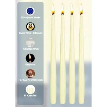 Hyoola Tall Taper Candles - 10 Inch Ivory Dripless, Unscented Dinner, Paraffin Wax with Cotton Wicks - 8 Hour Burn Time (Pack of 12)