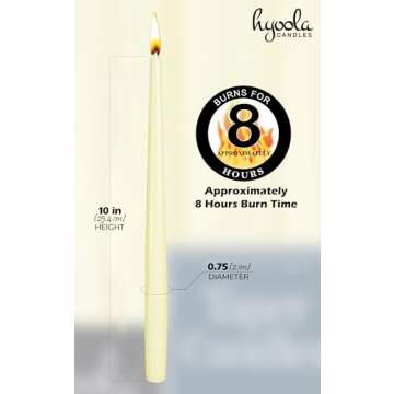 Hyoola Tall Taper Candles - 10 Inch Ivory Dripless, Unscented Dinner, Paraffin Wax with Cotton Wicks - 8 Hour Burn Time (Pack of 12)