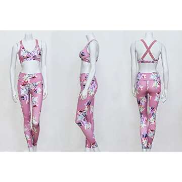 Jetjoy Workout Suit Set，Yoga Crop Tank Top Strappy Bra and High Waist Leggings 2 Piece Sports Outfits for Women (Floral Print-Pink, M)