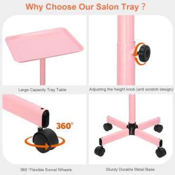 FLOLXNB Salon Tray, Hair Color Tray with Wheels, Premium Aluminum Beauty SPA Tray, Hairstylist Tray, Tattoo Tray, Height Adjustable Salon Service Tray, Pink Rolling Tray