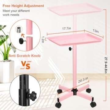 FLOLXNB Salon Tray, Hair Color Tray with Wheels, Premium Aluminum Beauty SPA Tray, Hairstylist Tray, Tattoo Tray, Height Adjustable Salon Service Tray, Pink Rolling Tray