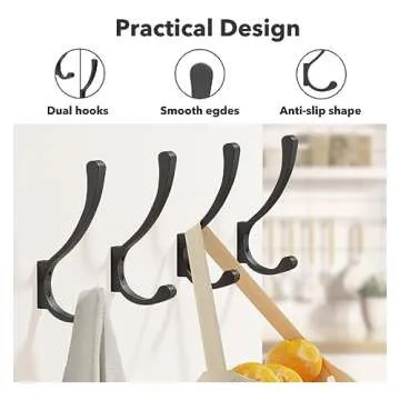 4 Pack Large Wall Hooks For Hanging Heavy Duty, Black Coat Hooks For Wall, Coat Hanger Hooks Wall Mo...