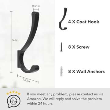 4 Pack Large Wall Hooks For Hanging Heavy Duty, Black Coat Hooks For Wall, Coat Hanger Hooks Wall Mounted, Wall Mounted Bag Hooks, Screw In Hooks, Metal Wall Hooks For Hanging Coats, Backpack, Purse