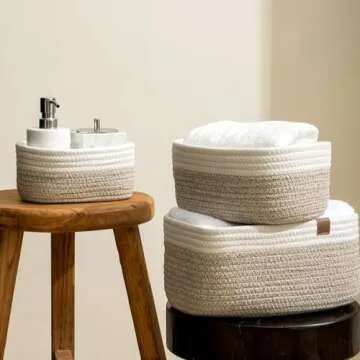 LA JOLIE MUSE Rope Storage Baskets for Organizing, Small Cotton Woven Basket for Bathroom Shelve Nursery, Decorative Basket Organizer Bins Set of 3, White & Desert