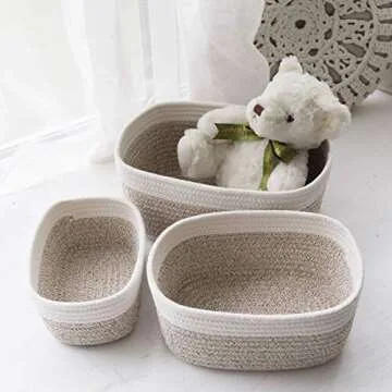 LA JOLIE MUSE Rope Storage Baskets for Organizing, Small Cotton Woven Basket for Bathroom Shelve Nursery, Decorative Basket Organizer Bins Set of 3, White & Desert