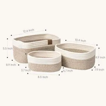 LA JOLIE MUSE Rope Storage Baskets for Organizing, Small Cotton Woven Basket for Bathroom Shelve Nursery, Decorative Basket Organizer Bins Set of 3, White & Desert