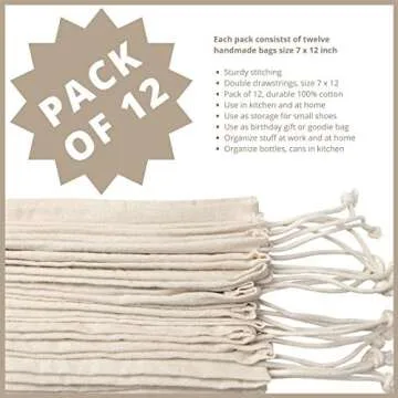 DR Cotton Muslin Drawstring Bags 12-Pack Unbleached Storage