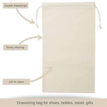 DR Cotton Muslin Drawstring Bags 12-Pack Unbleached Storage