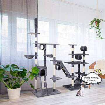 Tangkula Large Cat Tree, Cat Tree House Pet Furniture, Multi-Level Activity Tower Condo, with Hammock Deluxe Scratching Posts and Rope (Grey)