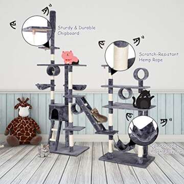Tangkula Large Cat Tree, Cat Tree House Pet Furniture, Multi-Level Activity Tower Condo, with Hammock Deluxe Scratching Posts and Rope (Grey)