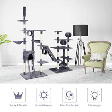 Tangkula Large Cat Tree, Cat Tree House Pet Furniture, Multi-Level Activity Tower Condo, with Hammock Deluxe Scratching Posts and Rope (Grey)