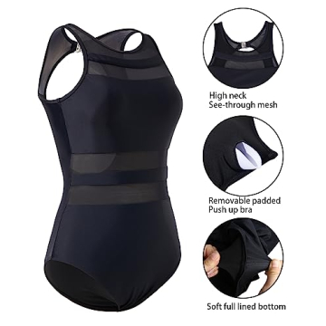 Holipick Women High Neck One Piece Swimsuits Mesh Bathing Suits Open Back Slimming Swimwear for Teen Girls Black M