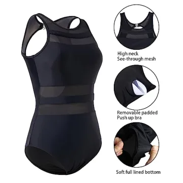 Holipick Women High Neck One Piece Swimsuits Mesh Bathing Suits Open Back Slimming Swimwear for Teen Girls Black M