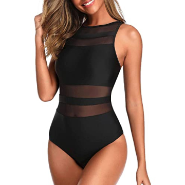 Holipick Women High Neck One Piece Swimsuits Mesh Bathing Suits Open Back Slimming Swimwear for Teen Girls Black M