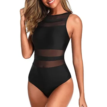 Holipick Women High Neck One Piece Swimsuits Mesh Bathing Suits Open Back Slimming Swimwear for Teen Girls Black M