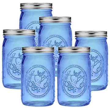 Eleganttime Blue Mason Jars 32 oz - 6 Pack for Storage