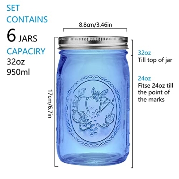 Eleganttime Blue Mason Jars 32 oz - Stylish 6 Pack for Storage