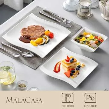 MALACASA Ivory White Dinnerware Sets, 30-Piece Porcelain Plates and Bowls Sets, Modern Dish Set for 6, Square Plates Dinnerware Set Kitchen Dishware Sets, Microwave and Dishwasher Safe, Series Flora