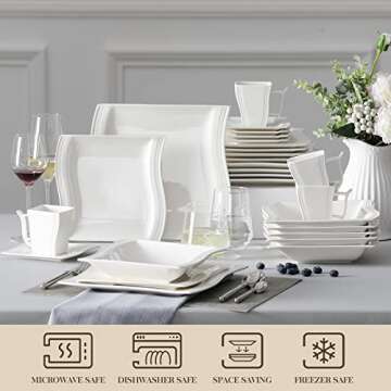 MALACASA Ivory White Dinnerware Sets, 30-Piece Porcelain Plates and Bowls Sets, Modern Dish Set for 6, Square Plates Dinnerware Set Kitchen Dishware Sets, Microwave and Dishwasher Safe, Series Flora