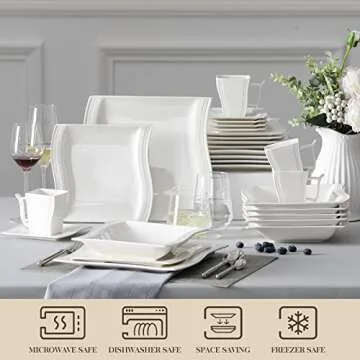 MALACASA Ivory White Dinnerware Sets, 30-Piece Porcelain Plates and Bowls Sets, Modern Dish Set for 6, Square Plates Dinnerware Set Kitchen Dishware Sets, Microwave and Dishwasher Safe, Series Flora