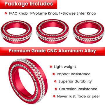 Air Conditioner Switch Knob Cover for 2018-2025 Jeep Wrangler JL JLU Gladiator JT Bling Crystal Rhinestone Button Cover Decoration Twist Ring Trim Interior Accessories Aluminum Alloy (Red 3PCS)