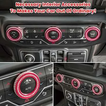 Air Conditioner Switch Knob Cover for 2018-2025 Jeep Wrangler JL JLU Gladiator JT Bling Crystal Rhinestone Button Cover Decoration Twist Ring Trim Interior Accessories Aluminum Alloy (Red 3PCS)
