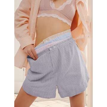 YUENIU Women's Casual Striped Print Elastic Shorts Summer High Waist Wide Leg Shorts with Pockets Na...