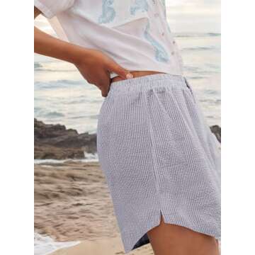 YUENIU Women's Casual Striped Print Elastic Shorts Summer High Waist Wide Leg Shorts with Pockets Navy