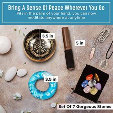 Tibetan Singing Bowl Set -Rose Quartz Pendant - 7 Chakra Crystal stones with Cage Necklace- For Medi...