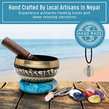 Tibetan Singing Bowl Set -Rose Quartz Pendant - 7 Chakra Crystal stones with Cage Necklace- For Meditation, Mindfulness, Yoga and Spiritual Healing and Energy Cleansing (3.5", Blue)