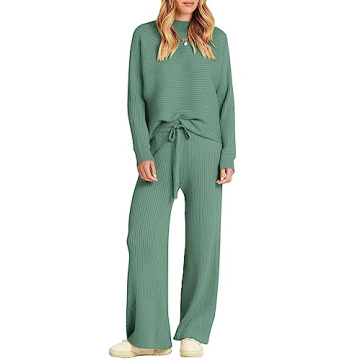 ANRABESS Women's Two Piece Outfits Crop Top Wide Leg Pants Cozy Knit Sweater Lounge Sets 2024 Fall T...