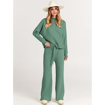 ANRABESS Women's Two Piece Outfits Crop Top Wide Leg Pants Cozy Knit Sweater Lounge Sets 2024 Fall Trendy Travel Clothes Gray Green Medium