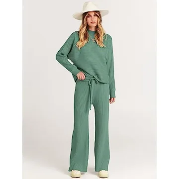 ANRABESS Women's Two Piece Outfits Crop Top Wide Leg Pants Cozy Knit Sweater Lounge Sets 2024 Fall Trendy Travel Clothes Gray Green Medium