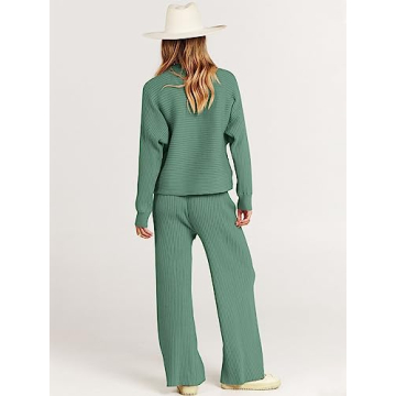 ANRABESS Women's Two Piece Outfits Crop Top Wide Leg Pants Cozy Knit Sweater Lounge Sets 2024 Fall Trendy Travel Clothes Gray Green Medium