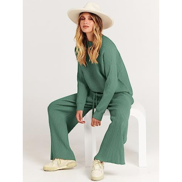 ANRABESS Women's Two Piece Outfits Crop Top Wide Leg Pants Cozy Knit Sweater Lounge Sets 2024 Fall Trendy Travel Clothes Gray Green Medium