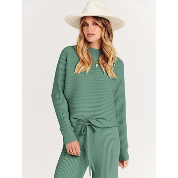 ANRABESS Women's Two Piece Outfits Crop Top Wide Leg Pants Cozy Knit Sweater Lounge Sets 2024 Fall Trendy Travel Clothes Gray Green Medium