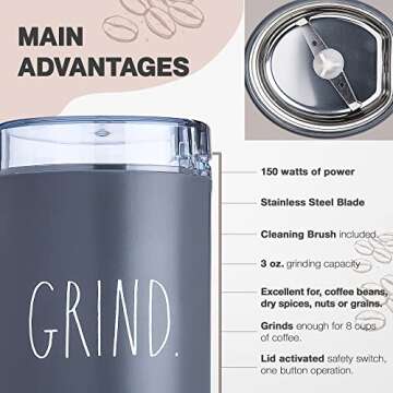 Rae Dunn Electric Coffee Grinder, Great Grinder for Coffee, French Press, Espresso, and Drip Coffee, Grinders for Spices, Seeds, Nuts, Grains, and Herbs, Grey