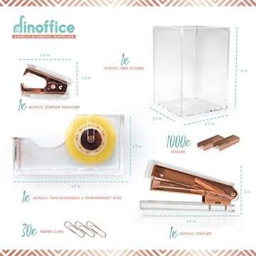 Rose Gold Office Supplies and Accessories - Cute Desk Pink for Women Acrylic Pen Holder Clear Organizer Tape Dispenser Stapler Pencil Holders Organizers Aesthetic Marker Staples Supply Girl Boss Set