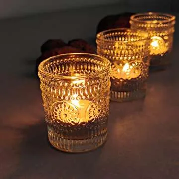 WDHODEC Clear Glass Votive Candle Holders Amber Set of 12, Fall Tea Light Candle Holder for Wedding Table, Votives for Birthday Party Decor