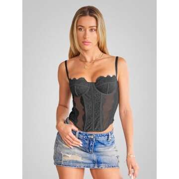 WYNNQUE Women's Sexy Lace Mesh Corset Top Vintage Y2k Bustier Spaghetti Strap Backless Boned Party Crop Top