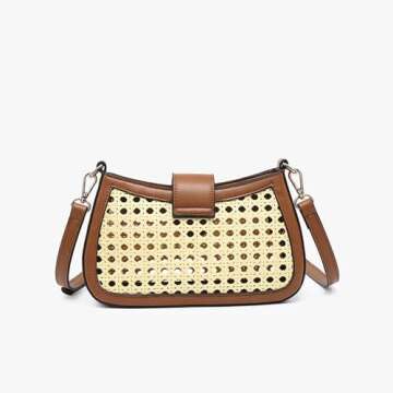 JEN & CO. Miller - Zip Snap Close - Belt Style Adjustable Strap - Rattan/Vegan Leather Crossbody Handbag Purse, Black