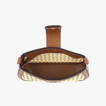 JEN & CO. Miller - Zip Snap Close - Belt Style Adjustable Strap - Rattan/Vegan Leather Crossbody Handbag Purse, Black