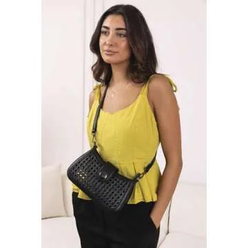 JEN & CO. Miller - Zip Snap Close - Belt Style Adjustable Strap - Rattan/Vegan Leather Crossbody Handbag Purse, Black