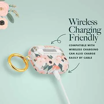 Rifle Paper Co. Airpods Pro Case Cover with Keychain [Wireless Charging Compatible] [Visible LED] Cute Case for Apple AirPods Pro with Floral Design, Anti Scratch, Slim, Shockproof - Wild Flowers