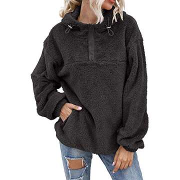 Yanekop Womens Athletic Hoodies Fuzzy Fleece Sweatshirt Sherpa Oversized Plaid Pullover With Pockets(01 Dark Grey,S)